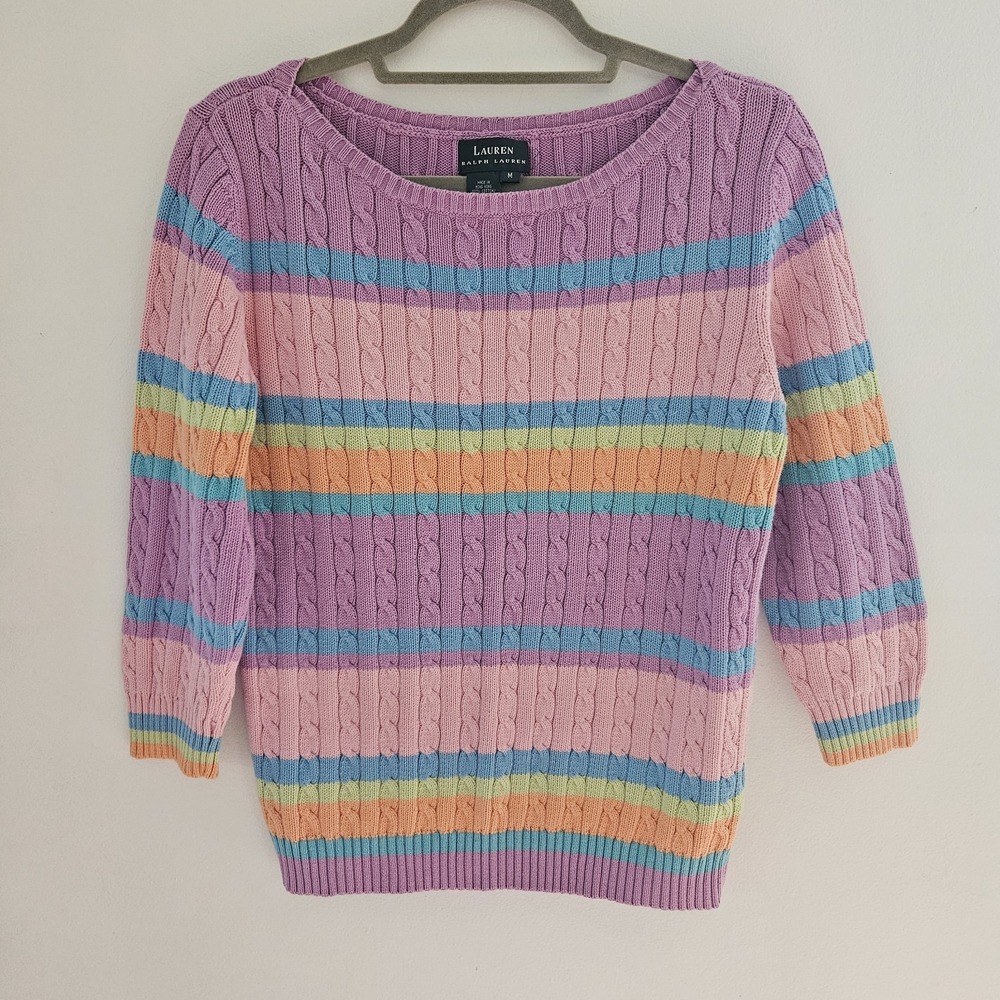 Vtg LRL Ralph Lauren M Sweater Pastel Purple Cable Knit 3/4 Sleeve Preppy Stripe